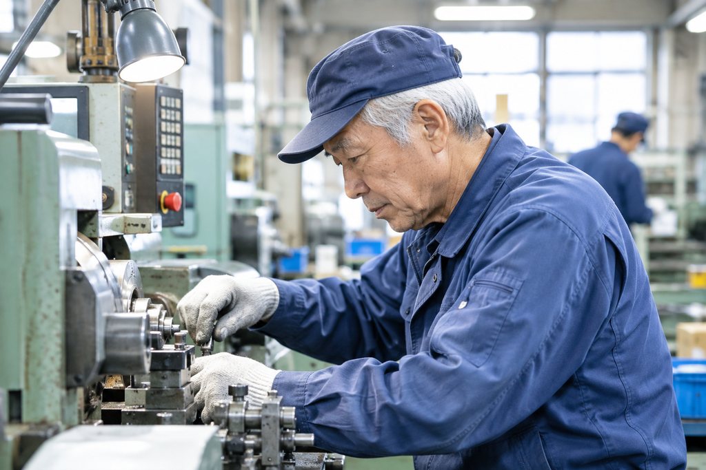 高齢の作業員が働く様子